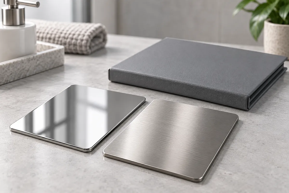 two coated wire hardware coupons with subtly different gloss, beside a handheld colorimeter on a neutral bench in a buyer-focused metal hardware sourcing review