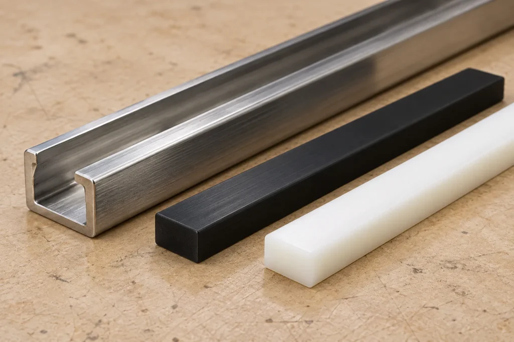 a polymer wear strip sliding against a metal organizer rail, with HDPE-like and UHMWPE-like sample rods in a buyer-focused metal hardware sourcing review