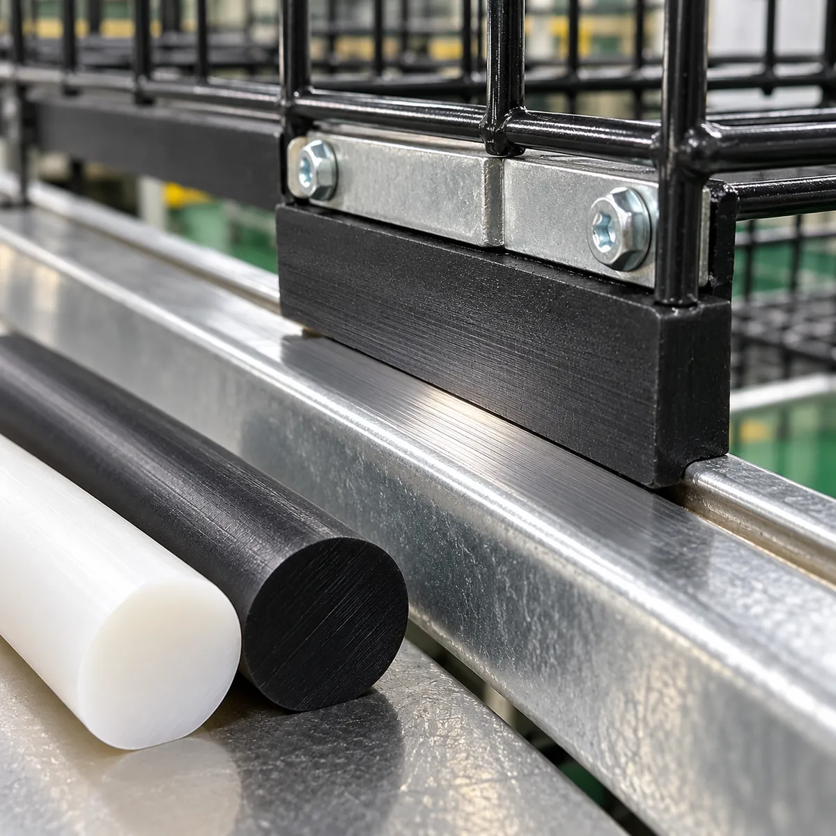 a polymer wear strip sliding against a metal organizer rail, with HDPE-like and UHMWPE-like sample rods in a buyer-focused metal hardware sourcing review