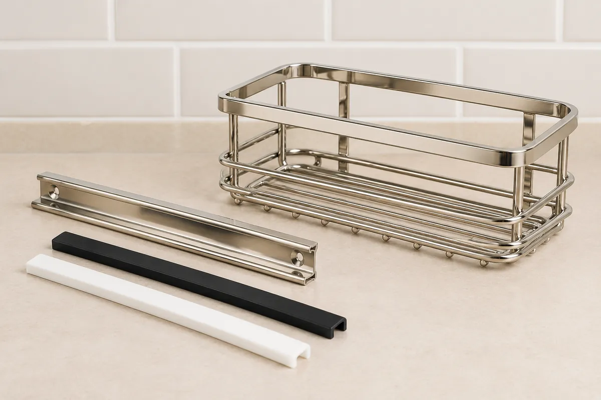 a polymer wear strip sliding against a metal organizer rail, with HDPE-like and UHMWPE-like sample rods in a buyer-focused metal hardware sourcing review