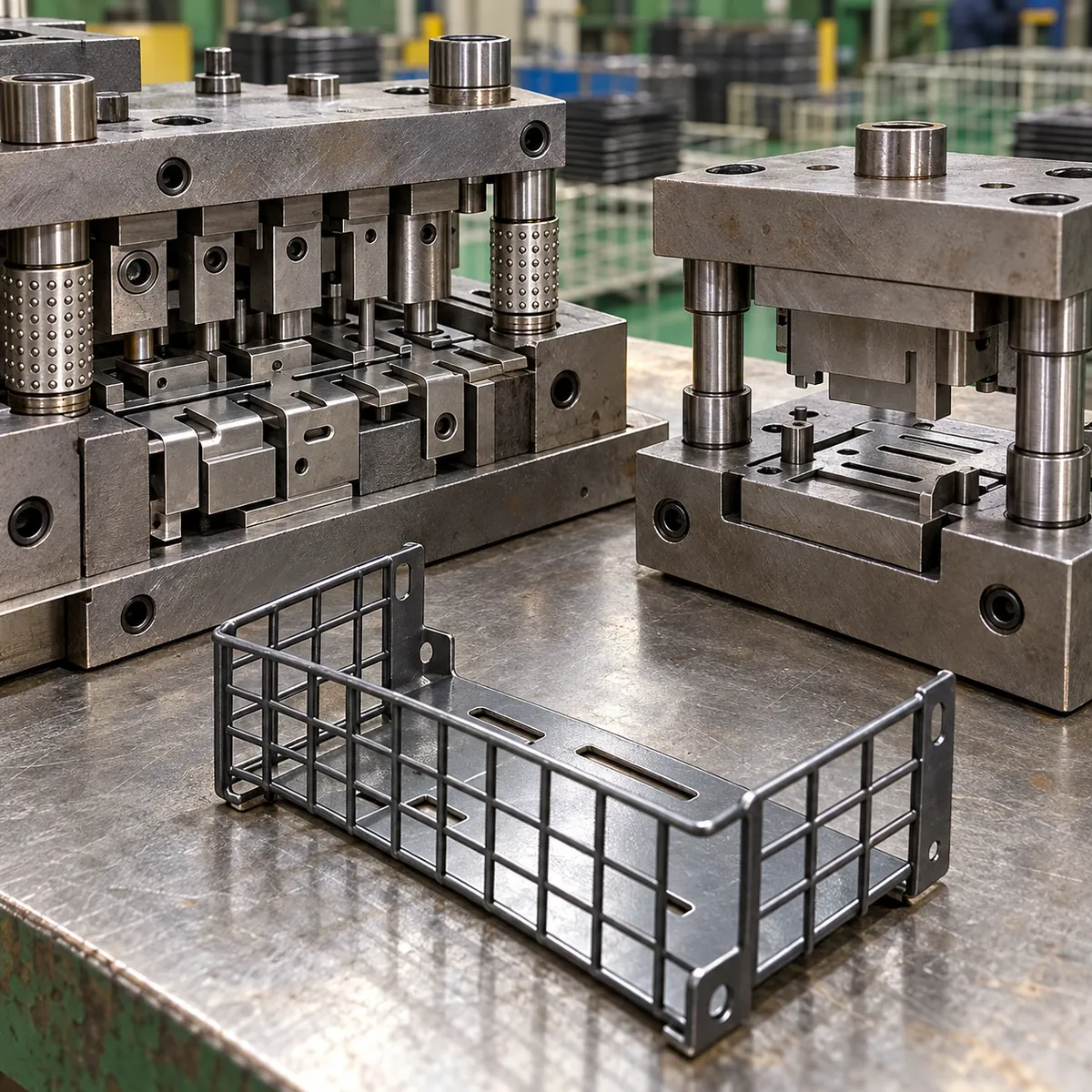 a small sheet-metal storage bracket and two compact stamping die blocks on a production workbench in a buyer-focused metal hardware sourcing review