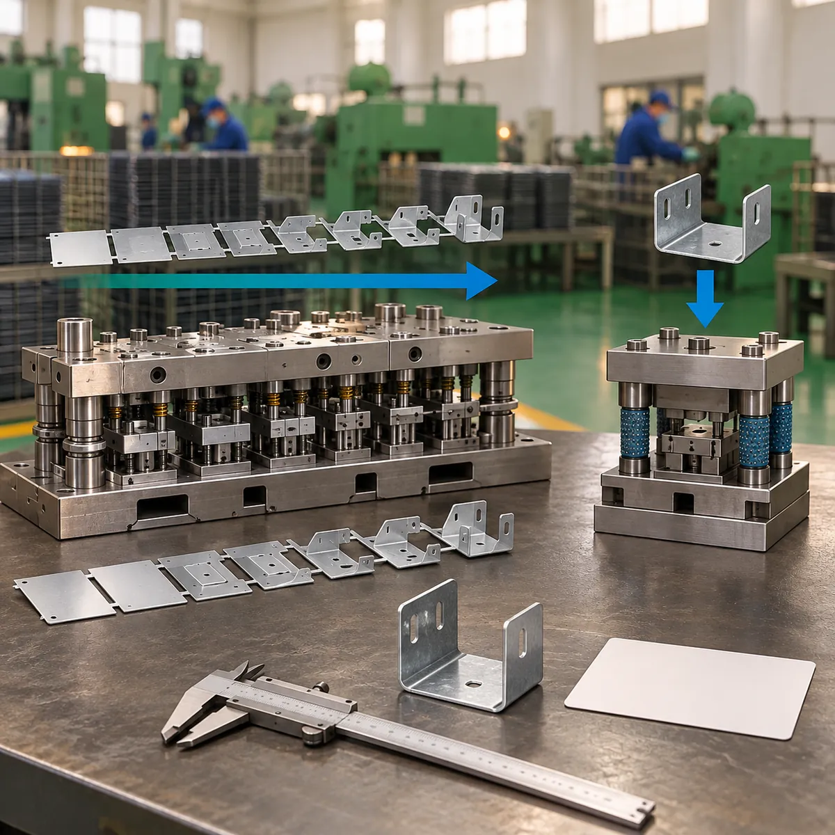 a small sheet-metal storage bracket and two compact stamping die blocks on a production workbench in a buyer-focused metal hardware sourcing review