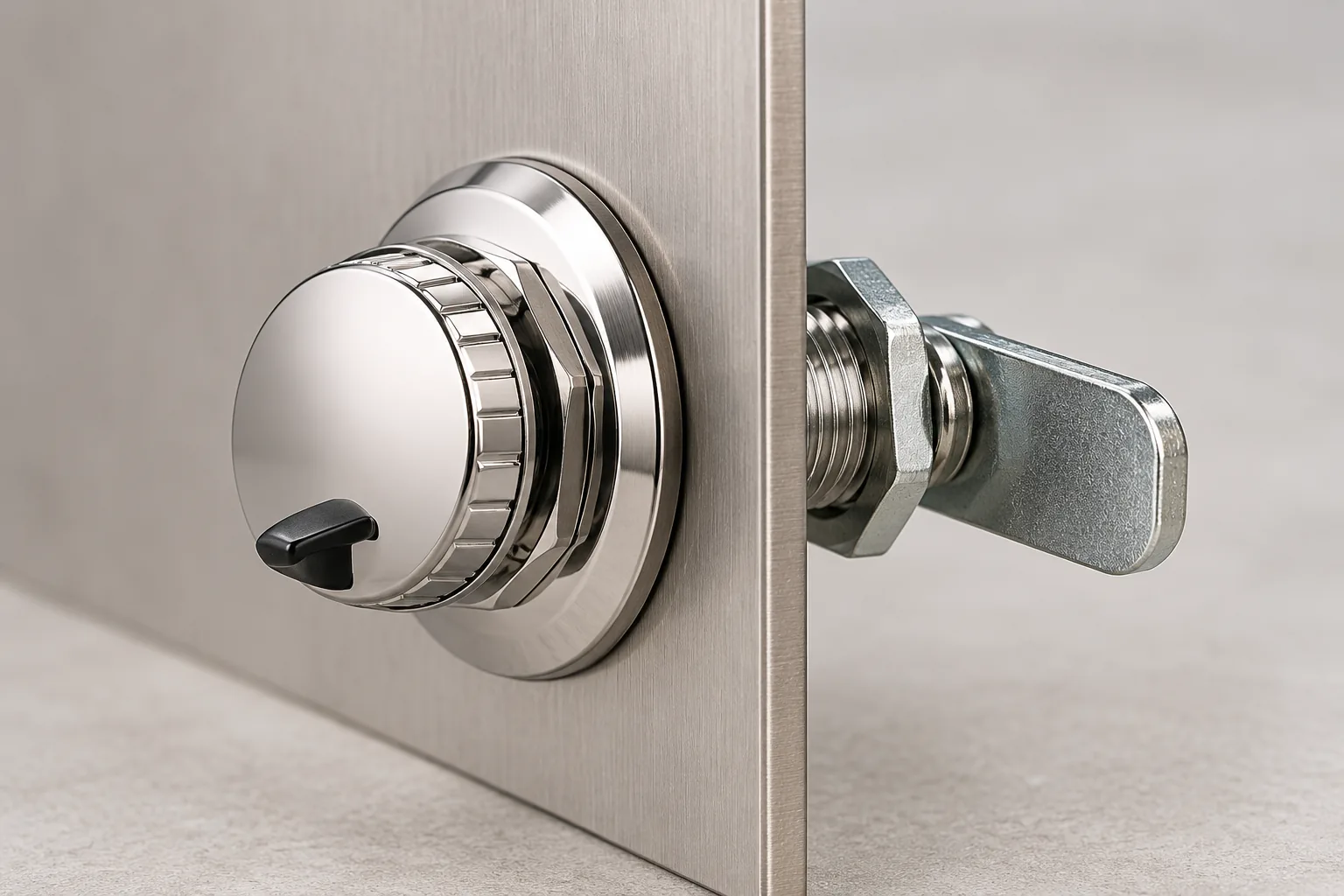 a quarter-turn fastener seated through a metal organizer panel, showing grip length and cam contact geometry in a buyer-focused metal hardware sourcing review
