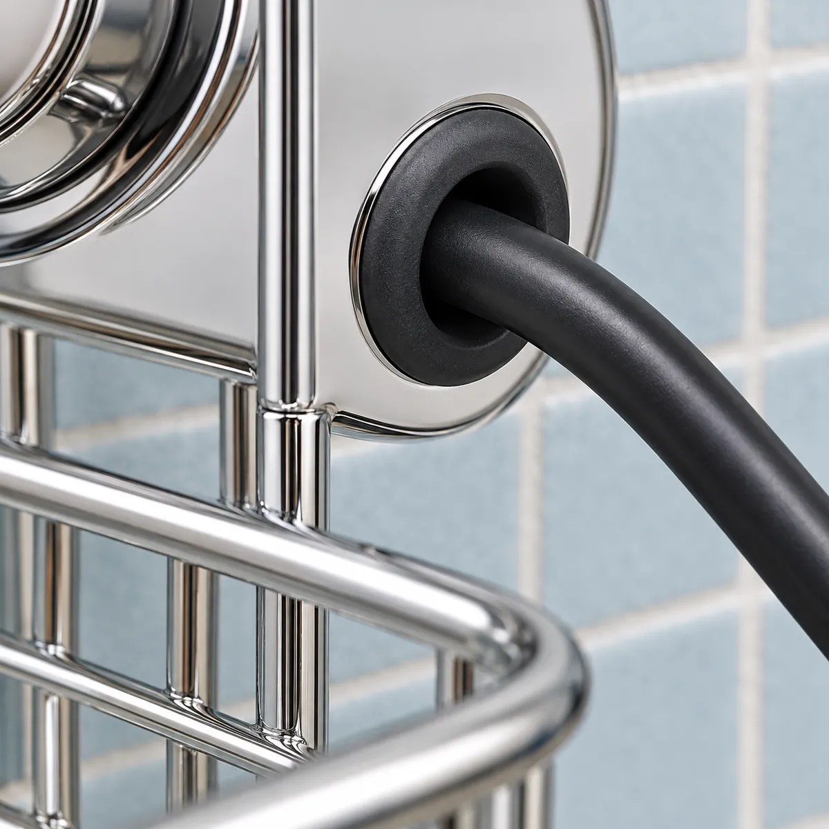 a metal hair-dryer holder panel with a fitted rubber cable grommet protecting a circular edge in a buyer-focused metal hardware sourcing review
