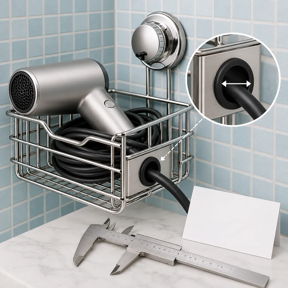 a metal hair-dryer holder panel with a fitted rubber cable grommet protecting a circular edge in a buyer-focused metal hardware sourcing review