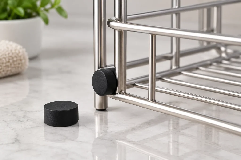two polymer pads attached to metal storage hardware, one pristine and one gently aged, with no dramatic damage in a buyer-focused metal hardware sourcing review