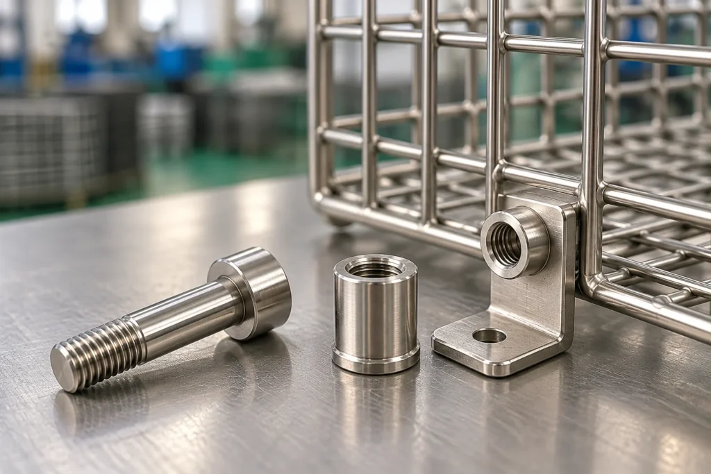small stainless hardware parts in a vibratory finishing bowl with clean finishing media and a neutral water-control vessel in a buyer-focused metal hardware sourcing review