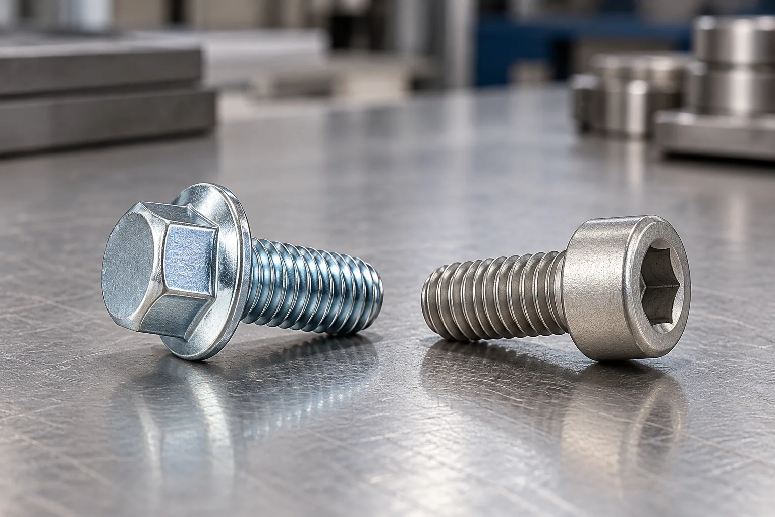 two plated metal fasteners in warm damp exposure trays, one zinc and one zinc-nickel appearance, without corrosion claims in a buyer-focused metal hardware sourcing review