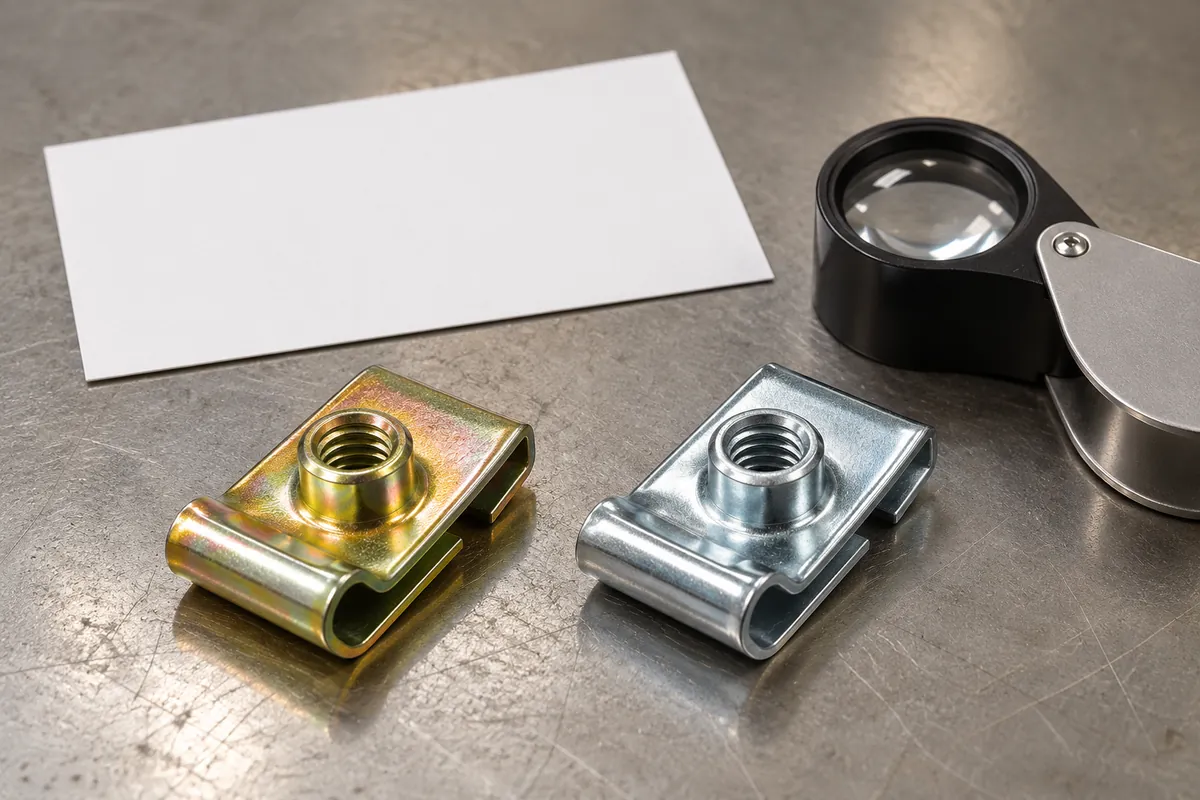 two plated metal fasteners in warm damp exposure trays, one zinc and one zinc-nickel appearance, without corrosion claims in a buyer-focused metal hardware sourcing review