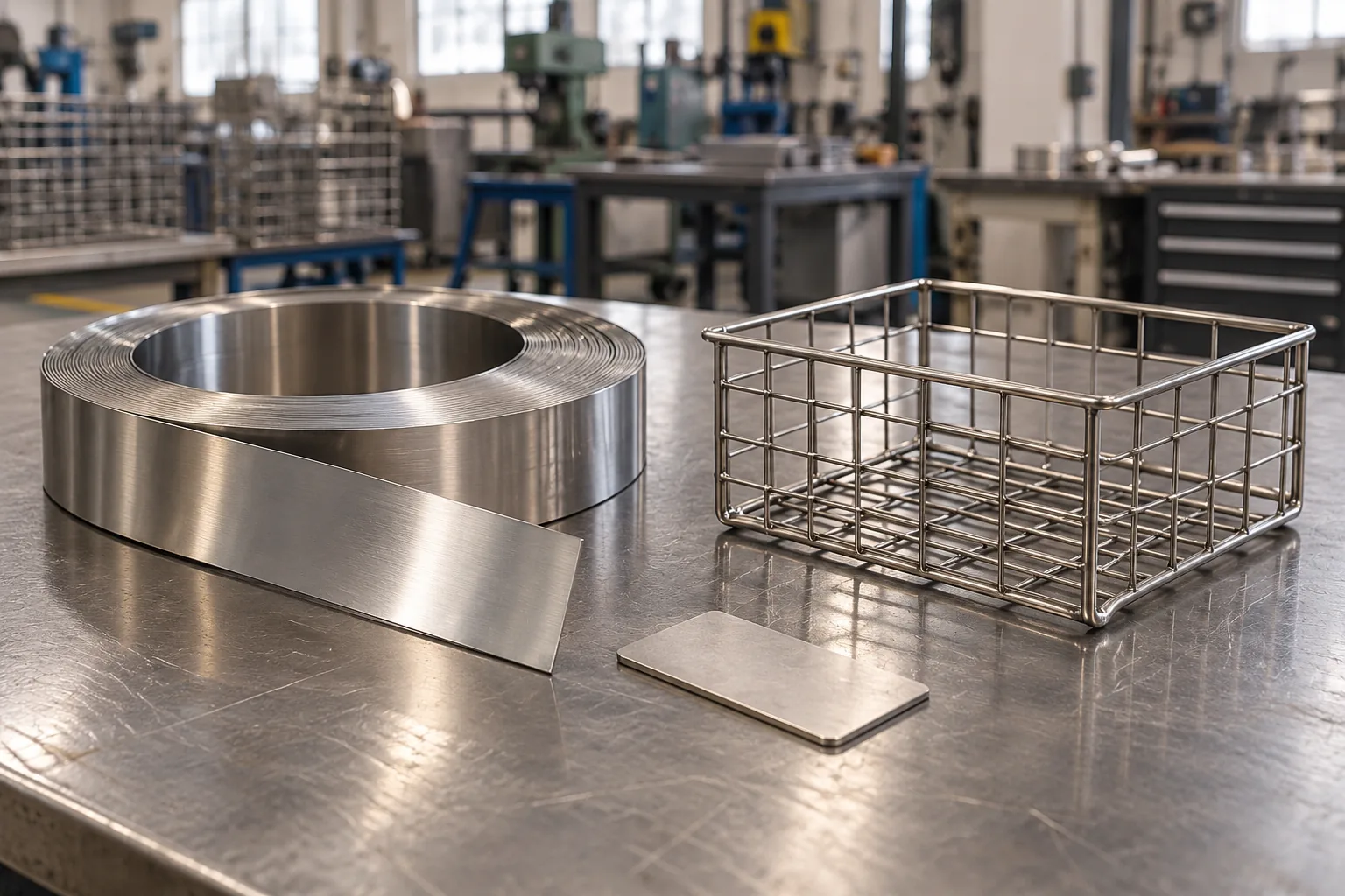two stainless steel hardware coupons with different heat-treatment surface states beside an annealing basket in a buyer-focused metal hardware sourcing review