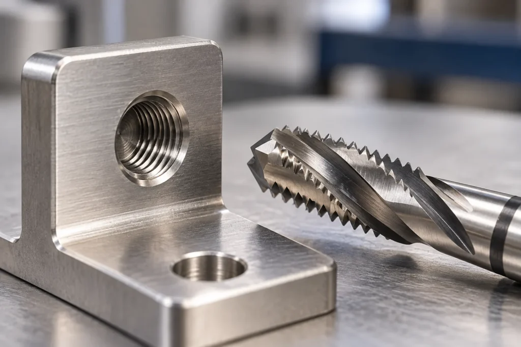 a blind threaded hole in a small stainless bracket beside spiral-flute and spiral-point tap silhouettes in a buyer-focused metal hardware sourcing review