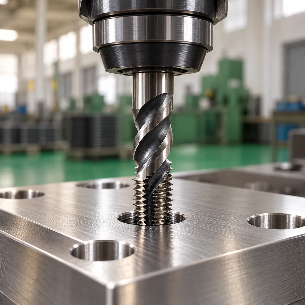 a blind threaded hole in a small stainless bracket beside spiral-flute and spiral-point tap silhouettes in a buyer-focused metal hardware sourcing review
