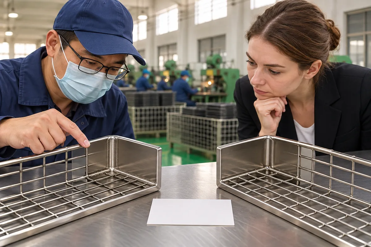 a rectangular metal drip tray with a continuous seam along one edge and a separate row of spaced spot joints in a buyer-focused metal hardware sourcing review