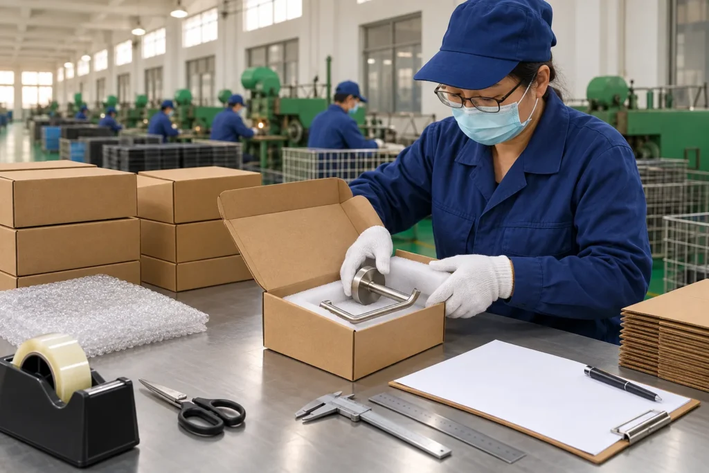 a bulky metal bathroom hardware sample carton on a shipping scale beside a smaller dense metal part carton in a buyer-focused metal hardware sourcing review
