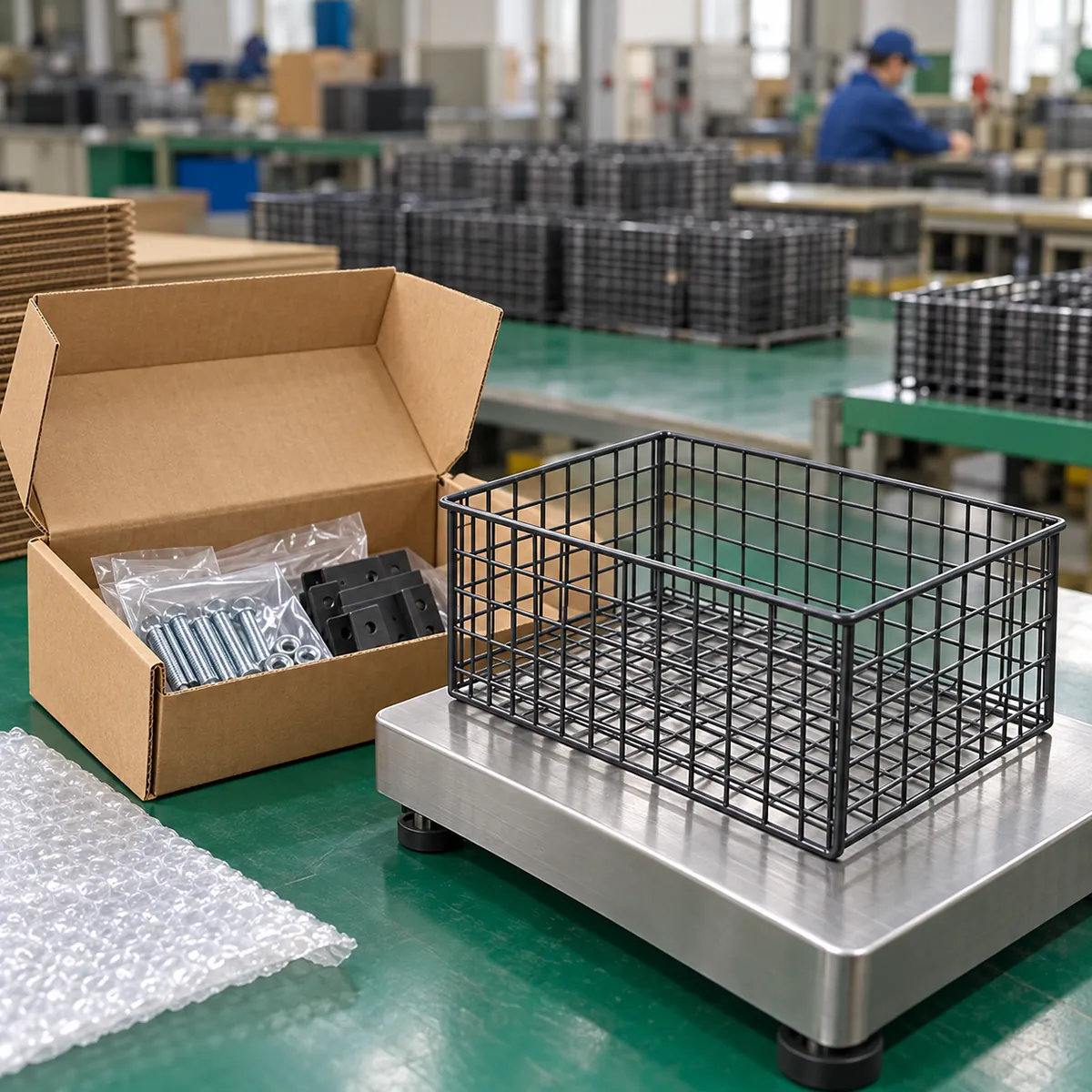 a bulky metal bathroom hardware sample carton on a shipping scale beside a smaller dense metal part carton in a buyer-focused metal hardware sourcing review