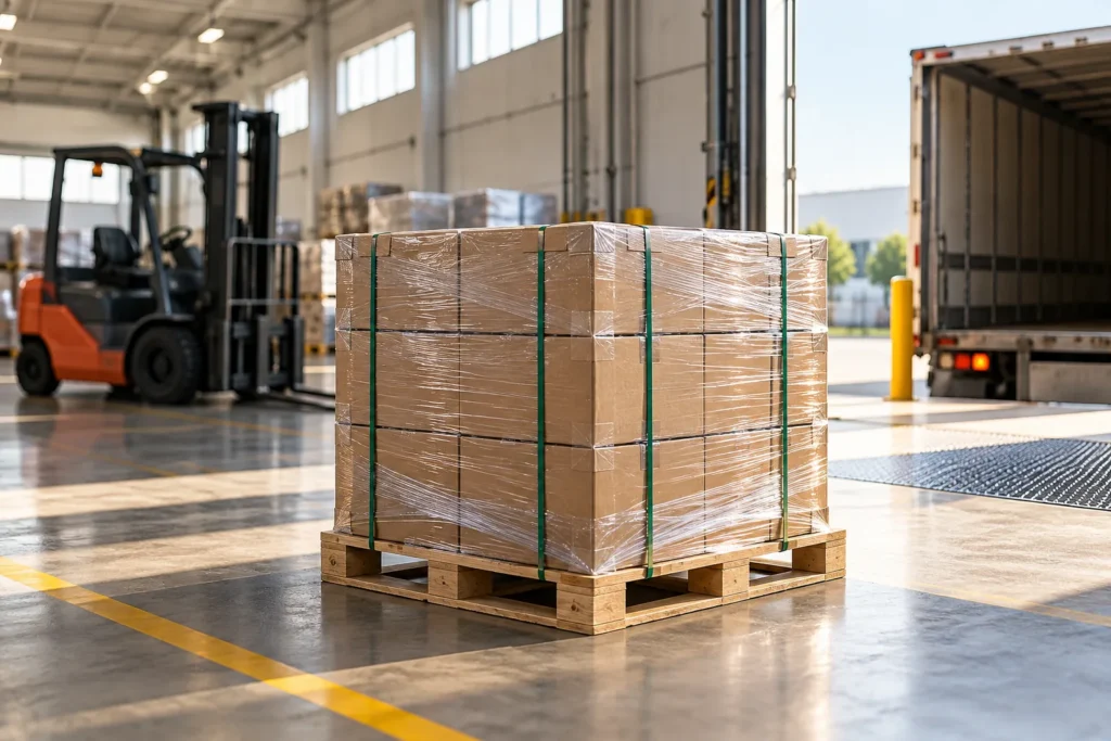 a closed export carton on a pallet edge with loading restraint straps and a neutral handover clipboard in a buyer-focused metal hardware sourcing review