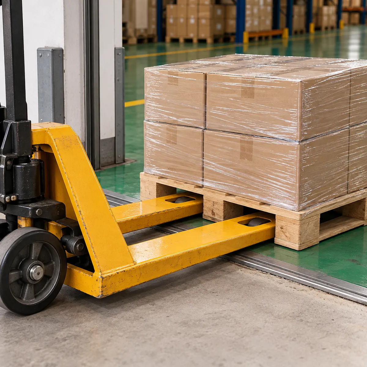 a closed export carton on a pallet edge with loading restraint straps and a neutral handover clipboard in a buyer-focused metal hardware sourcing review