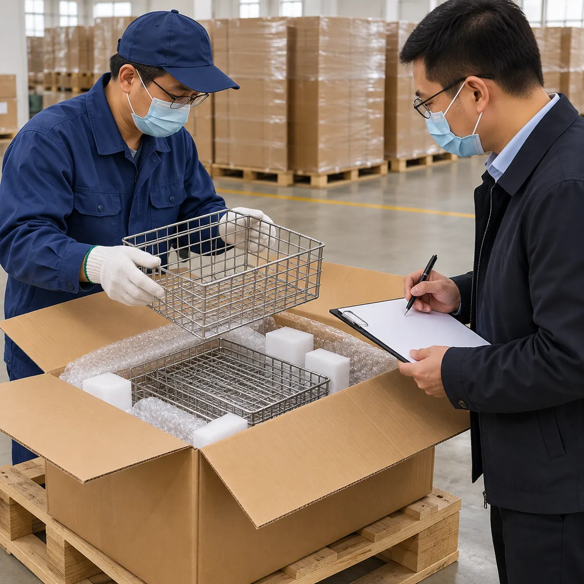 a closed export carton on a pallet edge with loading restraint straps and a neutral handover clipboard in a buyer-focused metal hardware sourcing review