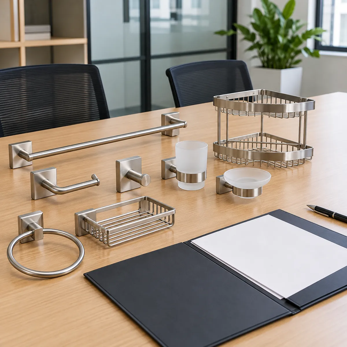 a finished non-electrical stainless bathroom accessory beside separated metal and packaging material samples in a buyer-focused metal hardware sourcing review