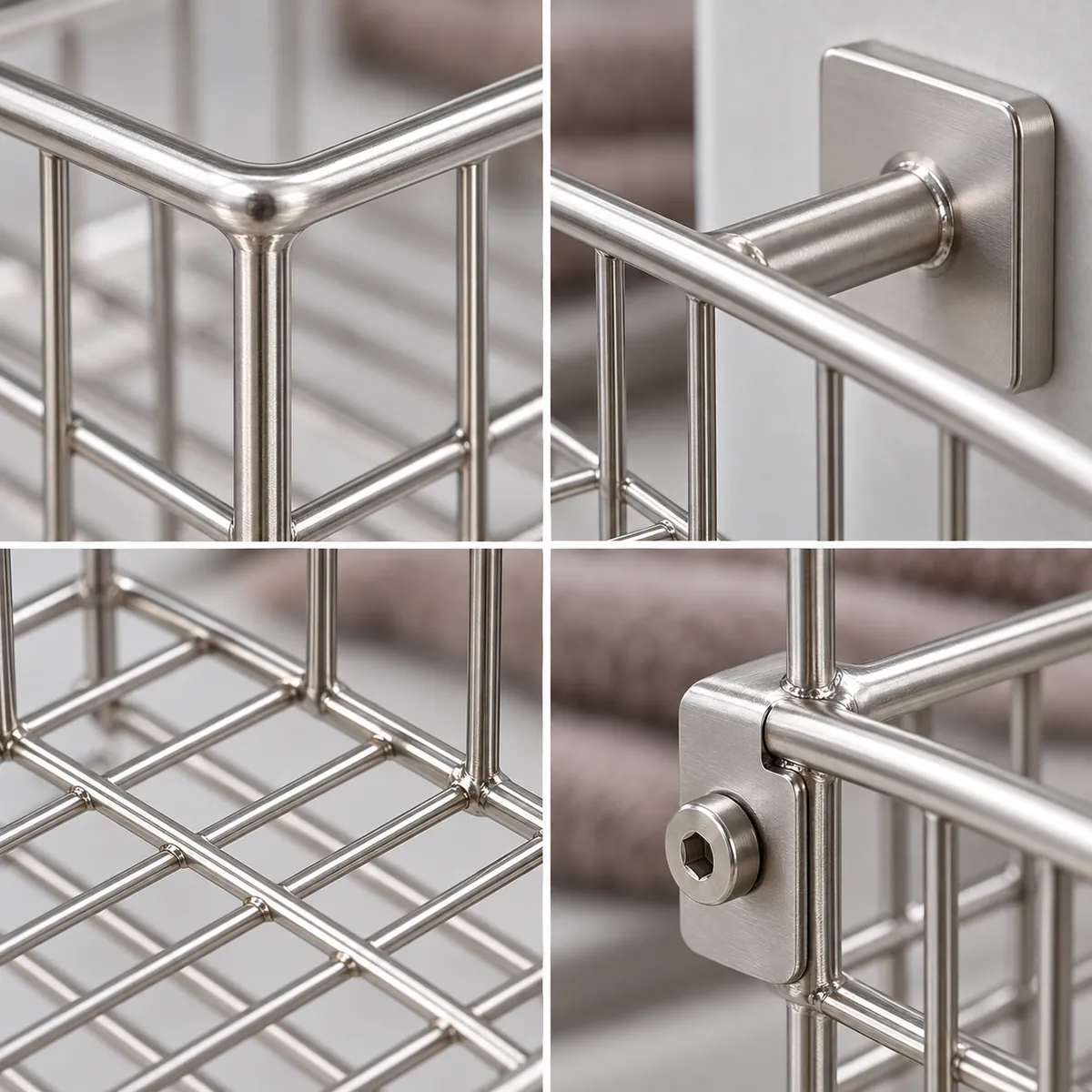 a private-label metal bathroom accessory sample beside a blank technical document folder and neutral risk review sheet in a buyer-focused metal hardware sourcing review