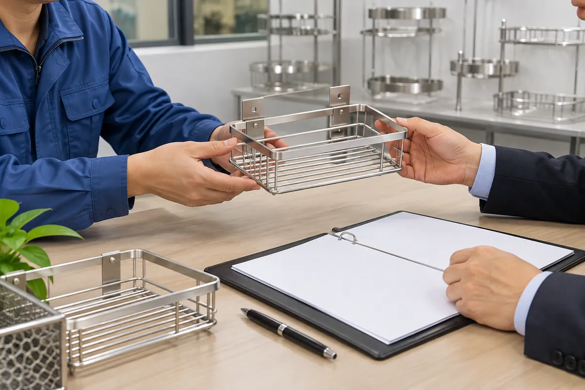 a private-label metal bathroom accessory sample beside a blank technical document folder and neutral risk review sheet in a buyer-focused metal hardware sourcing review