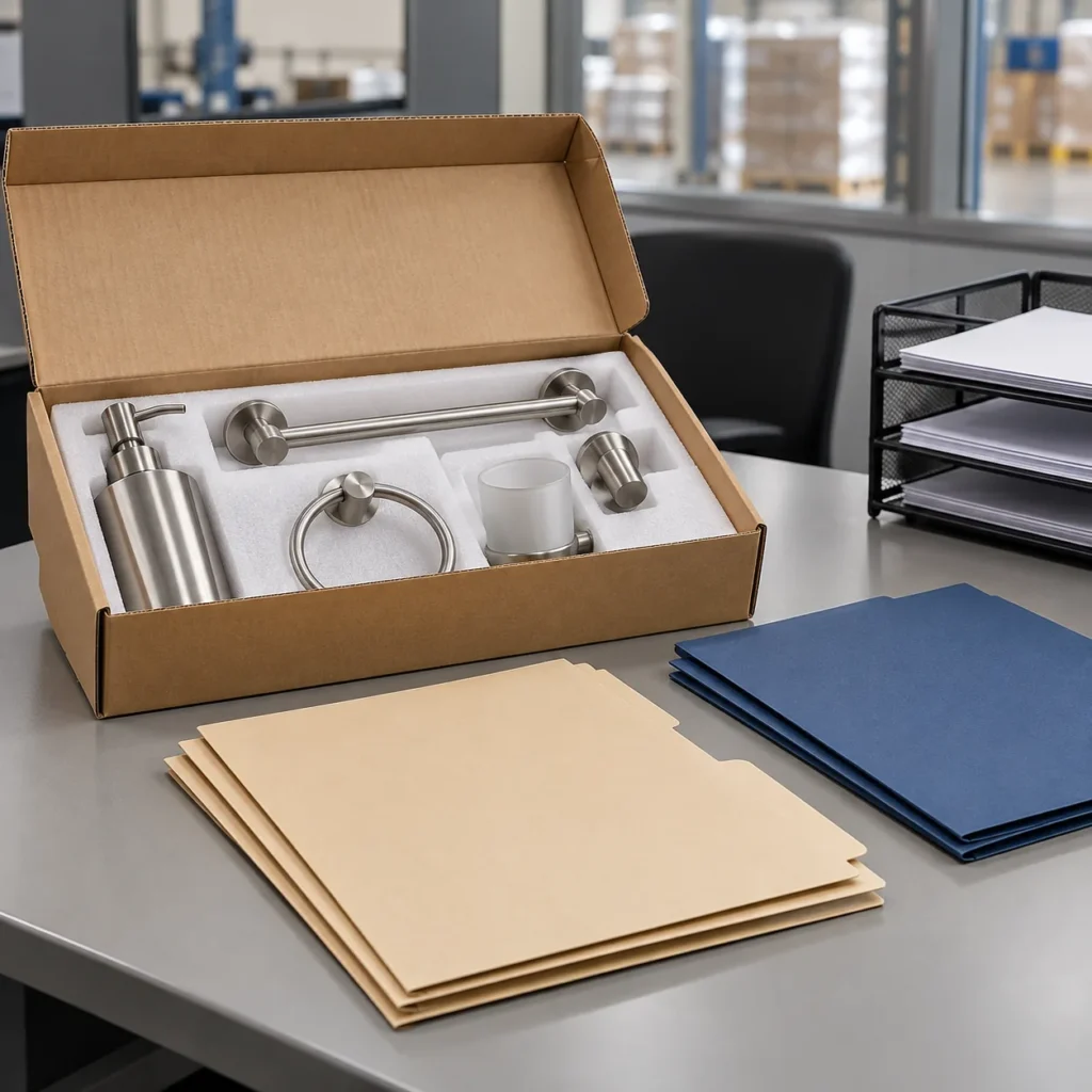 a packaged metal storage rack beside two separate blank customs and tax document folders in a buyer-focused metal hardware sourcing review