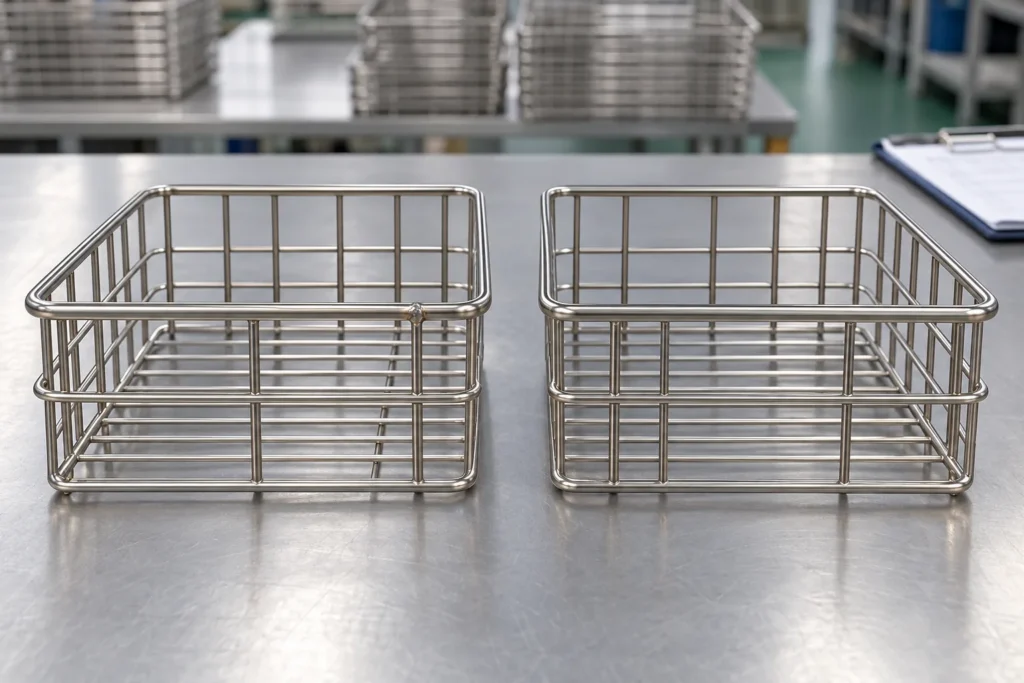 a rejected metal bracket sample isolated from an approved sample, with a corrective review bench in a buyer-focused metal hardware sourcing review