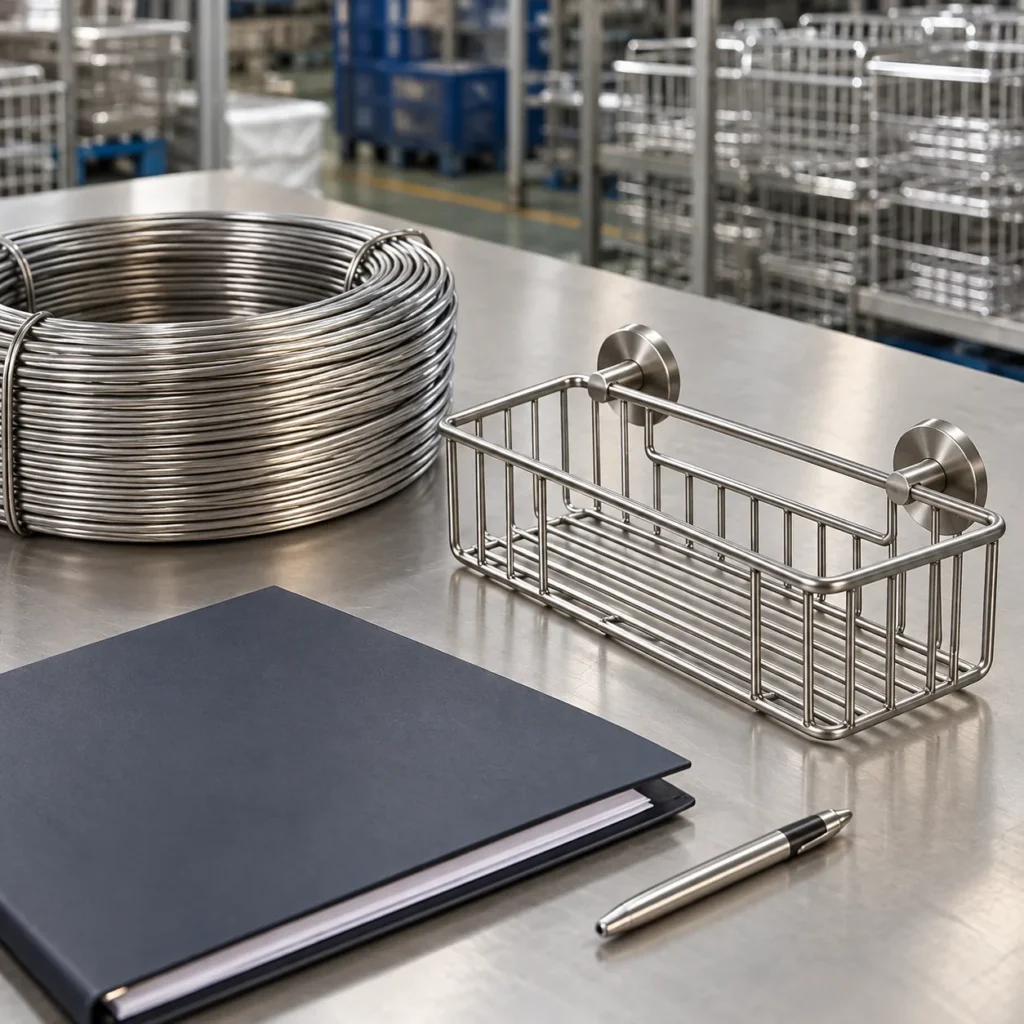 metal wire and tubing stock samples beside finished storage hardware components and a supplier quotation folder in a buyer-focused metal hardware sourcing review