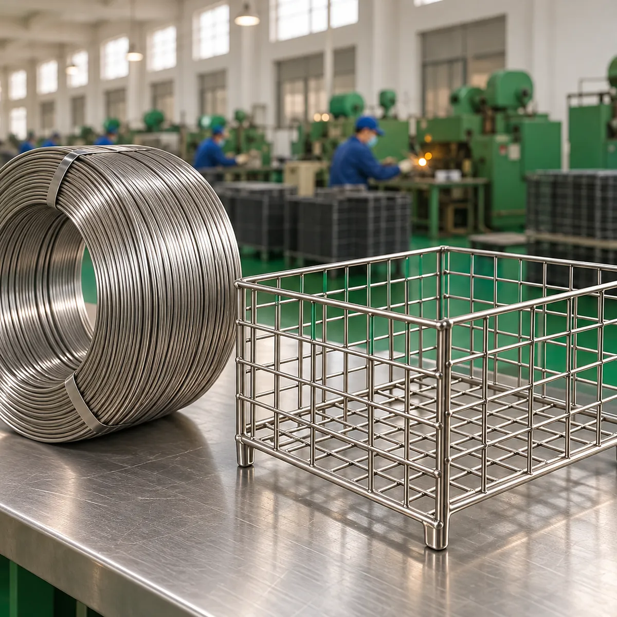 metal wire and tubing stock samples beside finished storage hardware components and a supplier quotation folder in a buyer-focused metal hardware sourcing review
