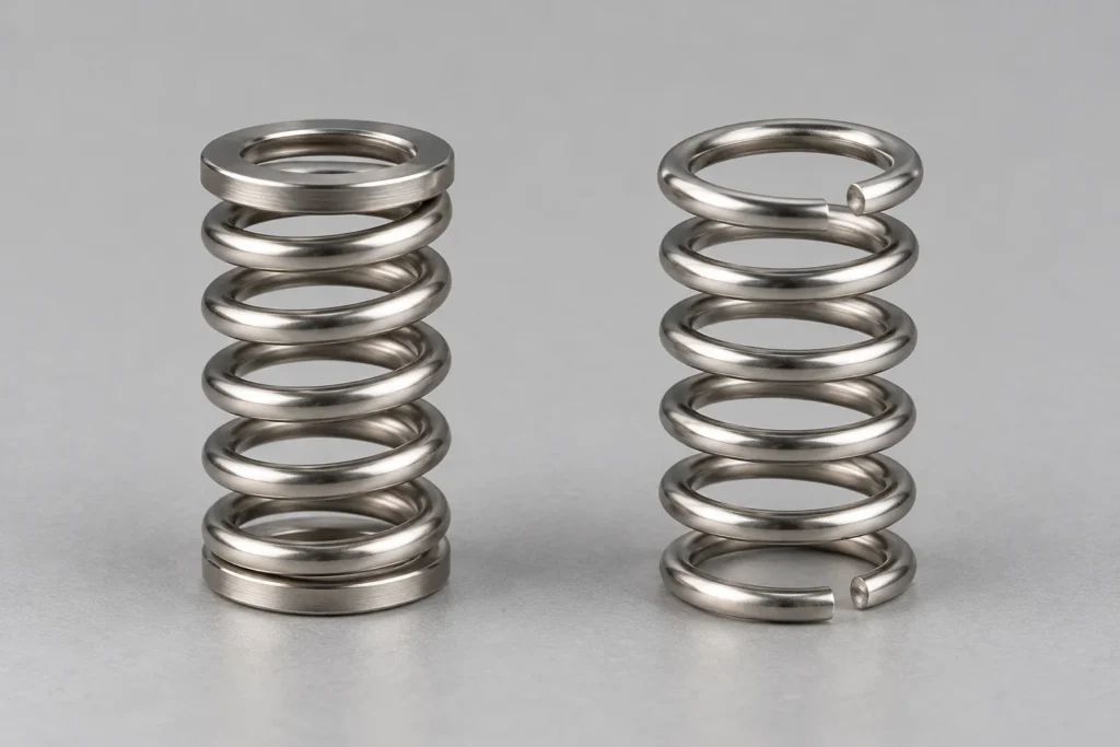 a compression spring with closed ground ends beside an open-ended spring and a small storage mechanism in a buyer-focused metal hardware sourcing review