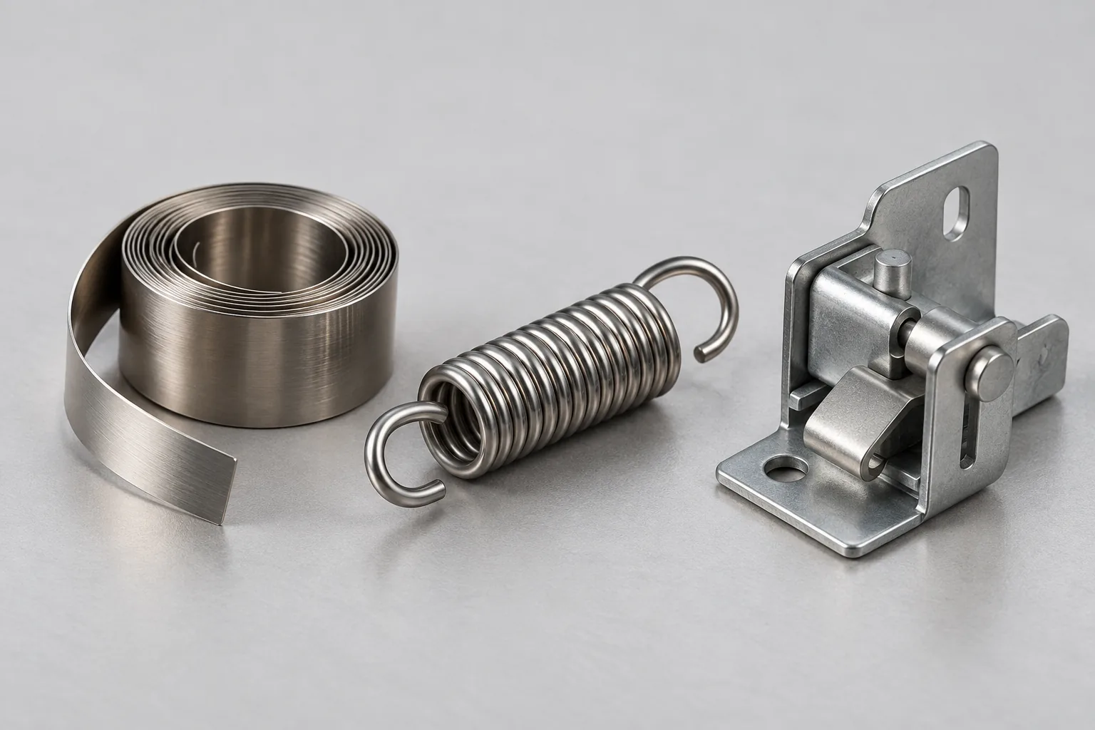 a coiled constant-force spring and a conventional extension spring beside a compact organizer mechanism in a buyer-focused metal hardware sourcing review