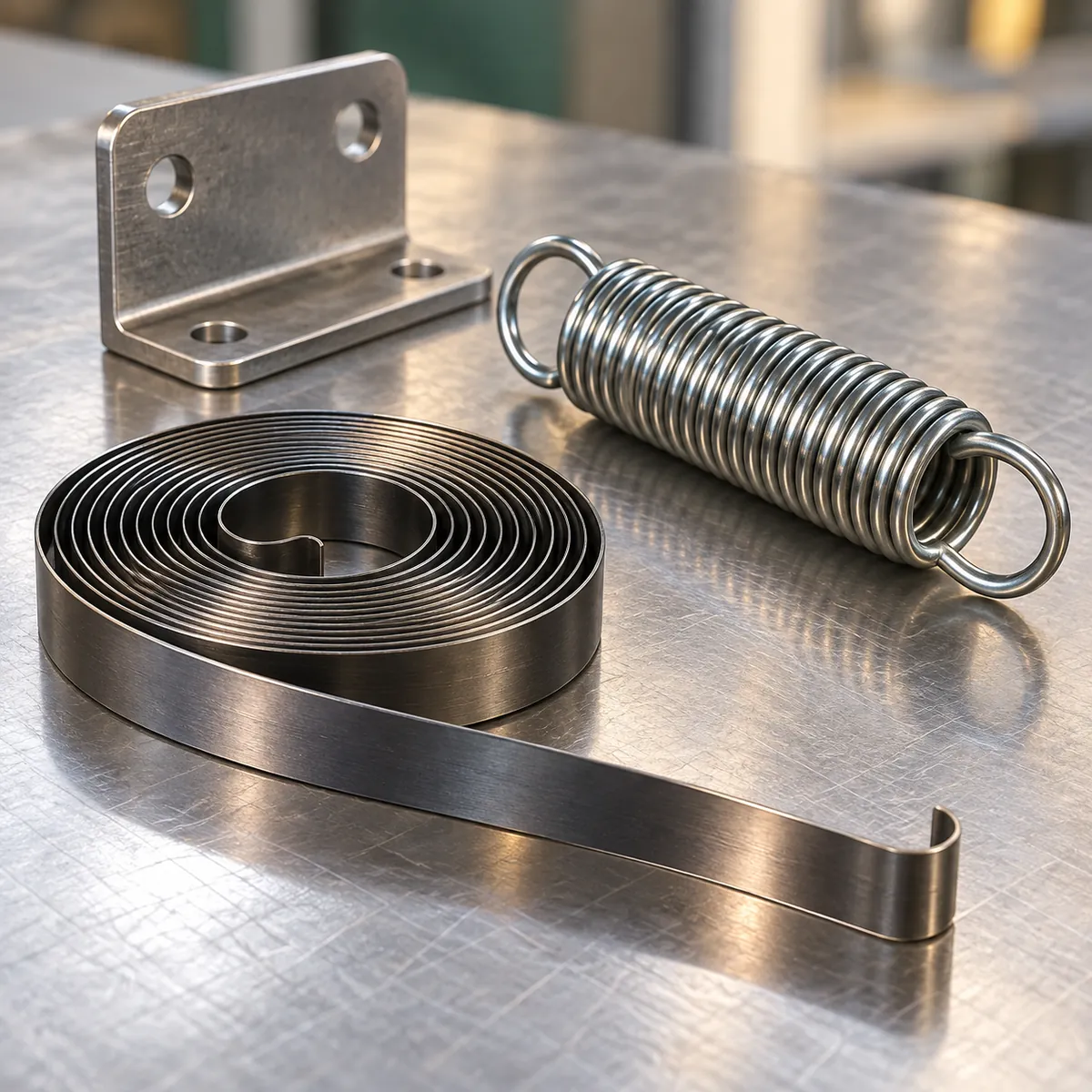 a coiled constant-force spring and a conventional extension spring beside a compact organizer mechanism in a buyer-focused metal hardware sourcing review