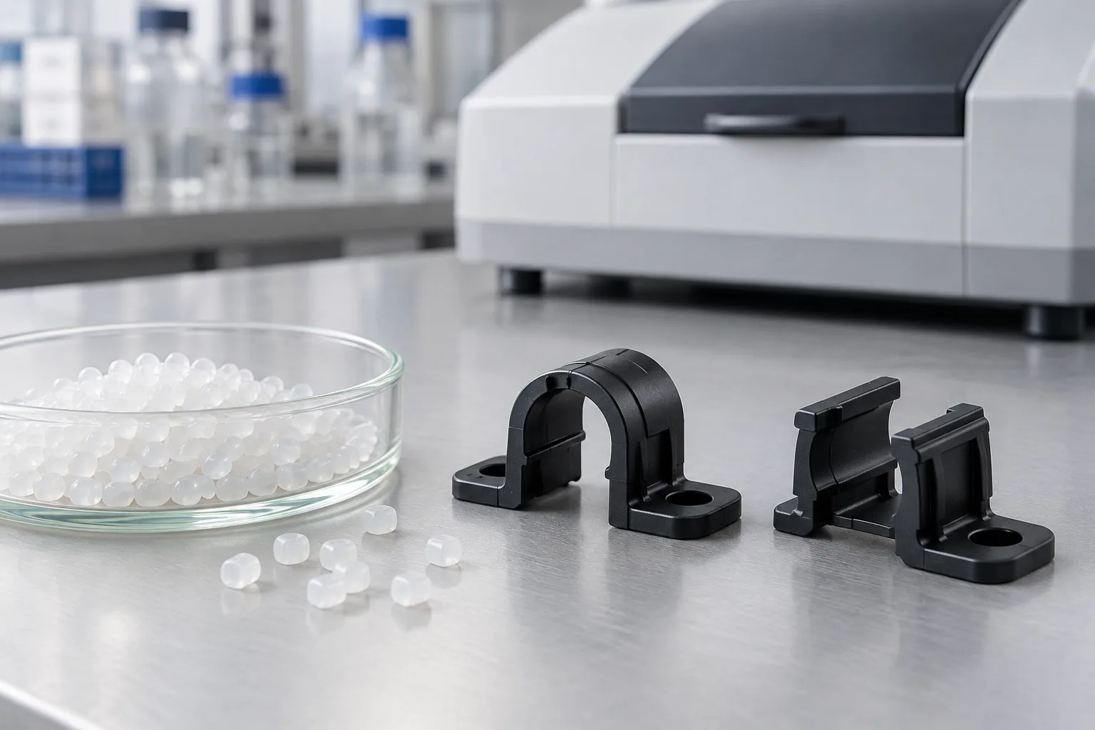 two small plastic molded clips beside a lab melt-flow instrument and an unmarked resin pellet sample in a buyer-focused metal hardware sourcing review