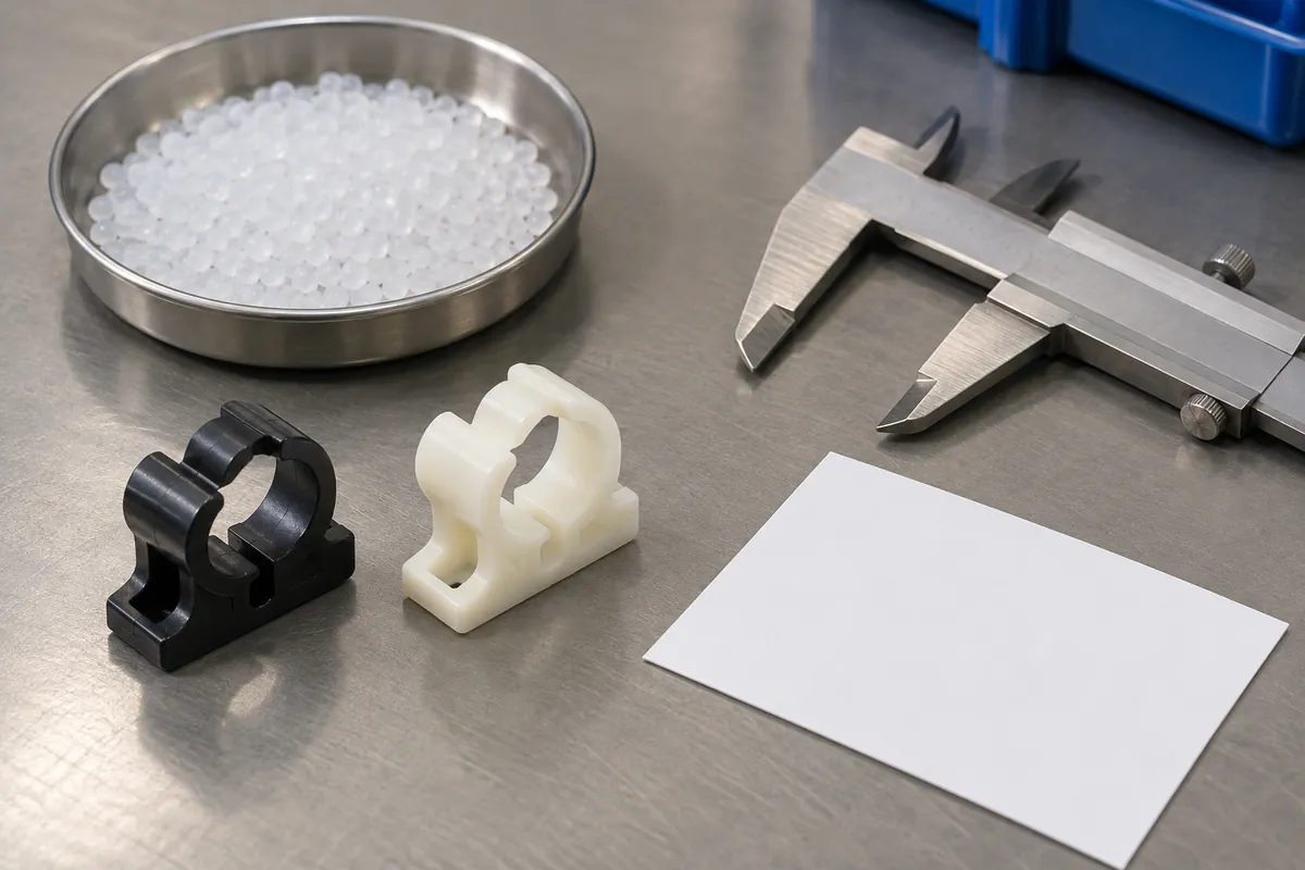 two small plastic molded clips beside a lab melt-flow instrument and an unmarked resin pellet sample in a buyer-focused metal hardware sourcing review