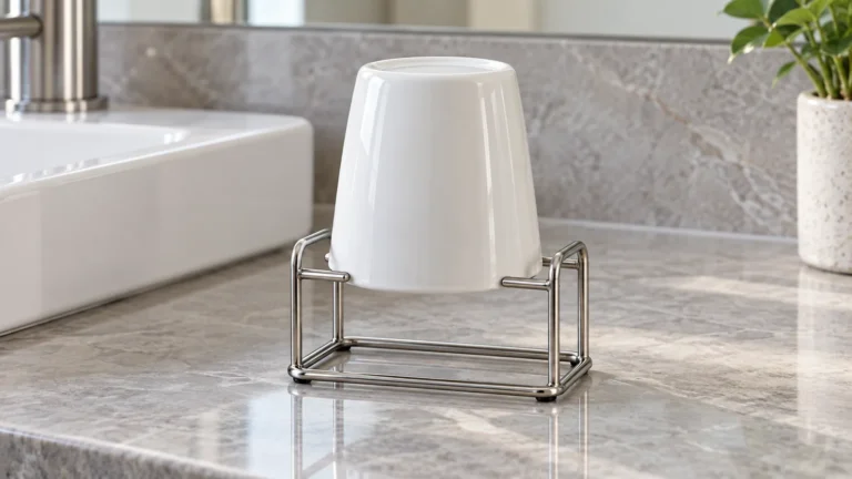 Conceptual inverted rinse cup resting rim-down on a polished metal support for buyer fit review