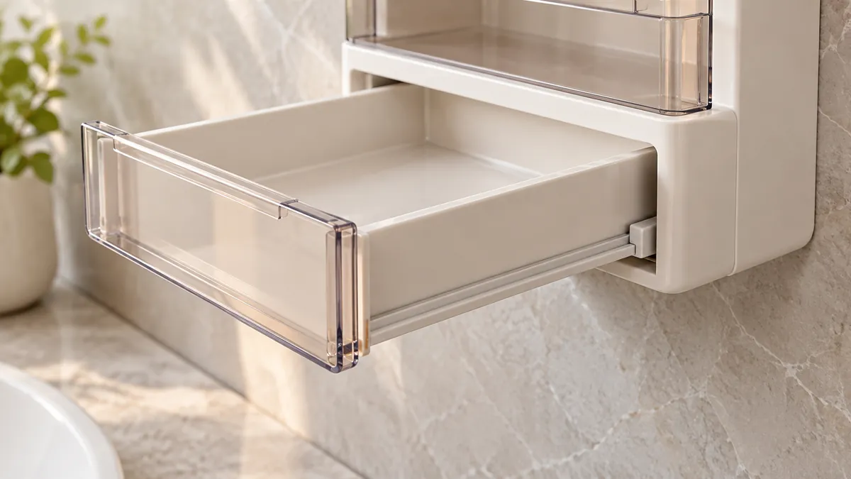 Close-up of a small cosmetic organizer drawer stop and side clearance for buyer review