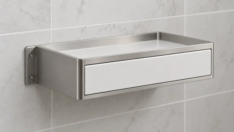 Conceptual wall-mounted metal cosmetic organizer with a shallow pull-out drawer shown closed