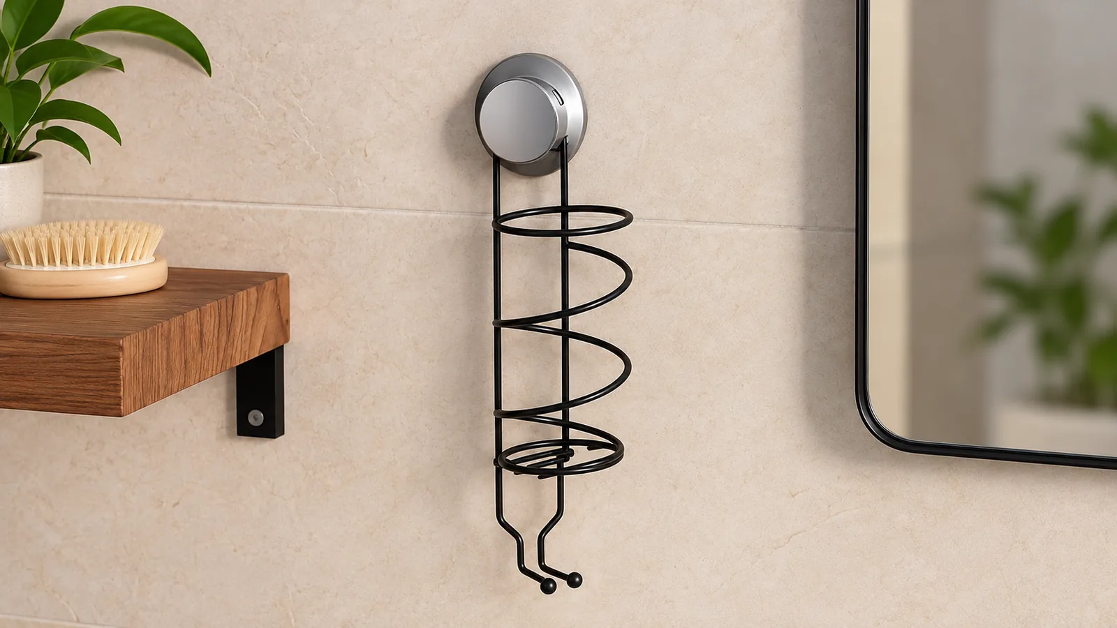 Referenced suction-mounted metal styling-tool holder shown empty for buyer specification review