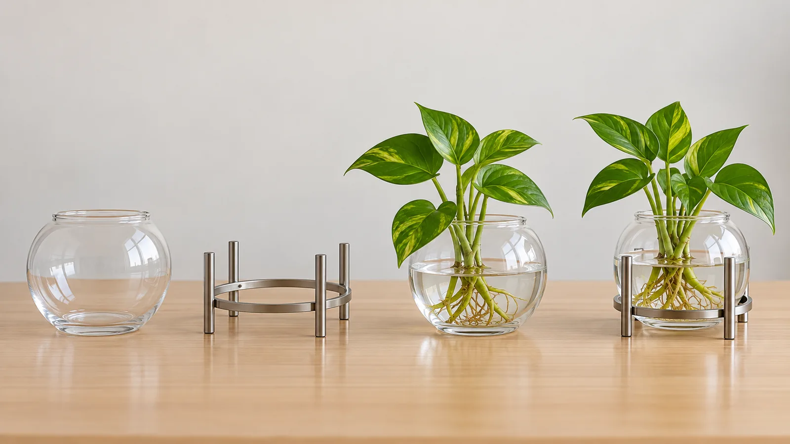 Conceptual tabletop water-plant vessel seated in a separate metal support cradle for buyer review