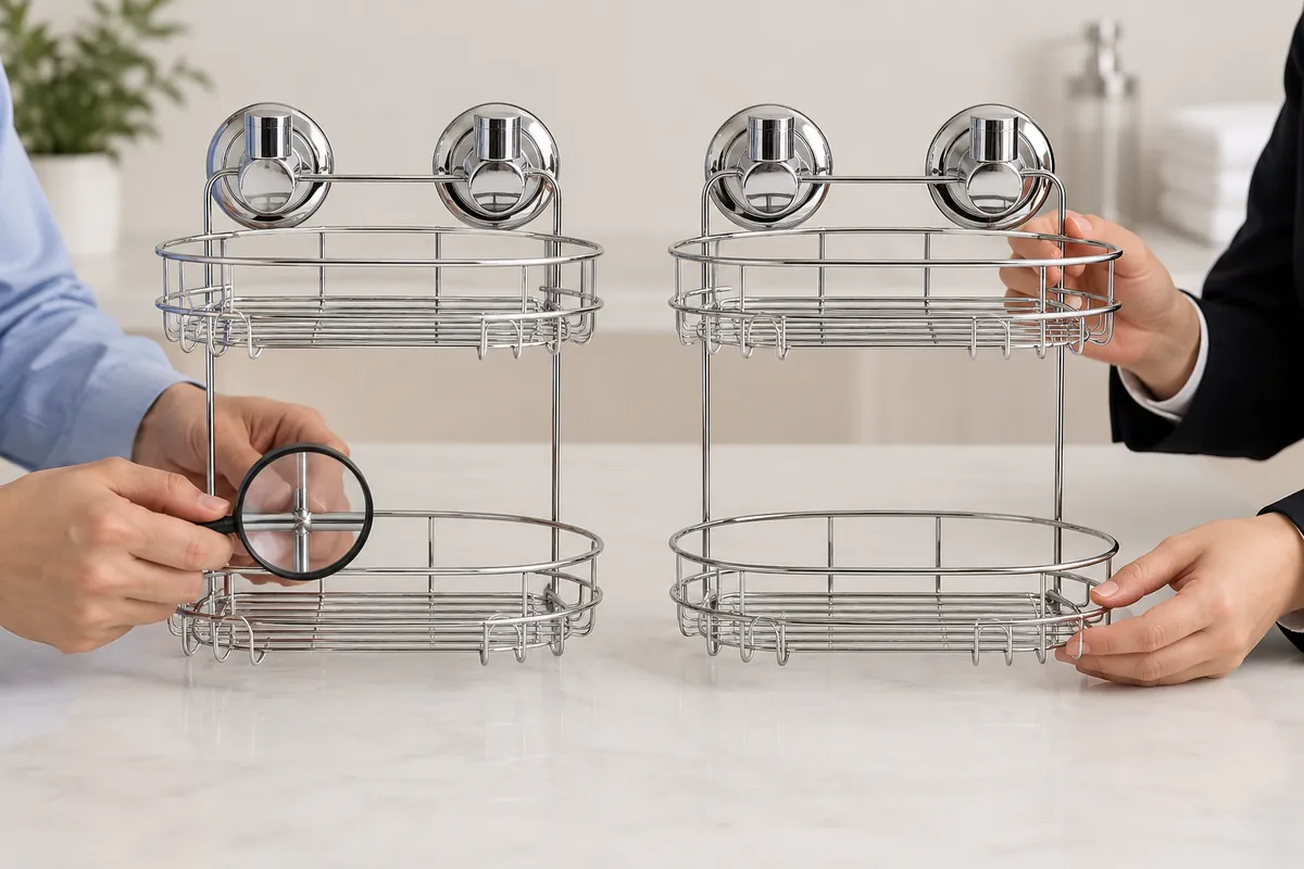 Buyer and supplier compare a production-intent wire basket sample at a neutral review table
