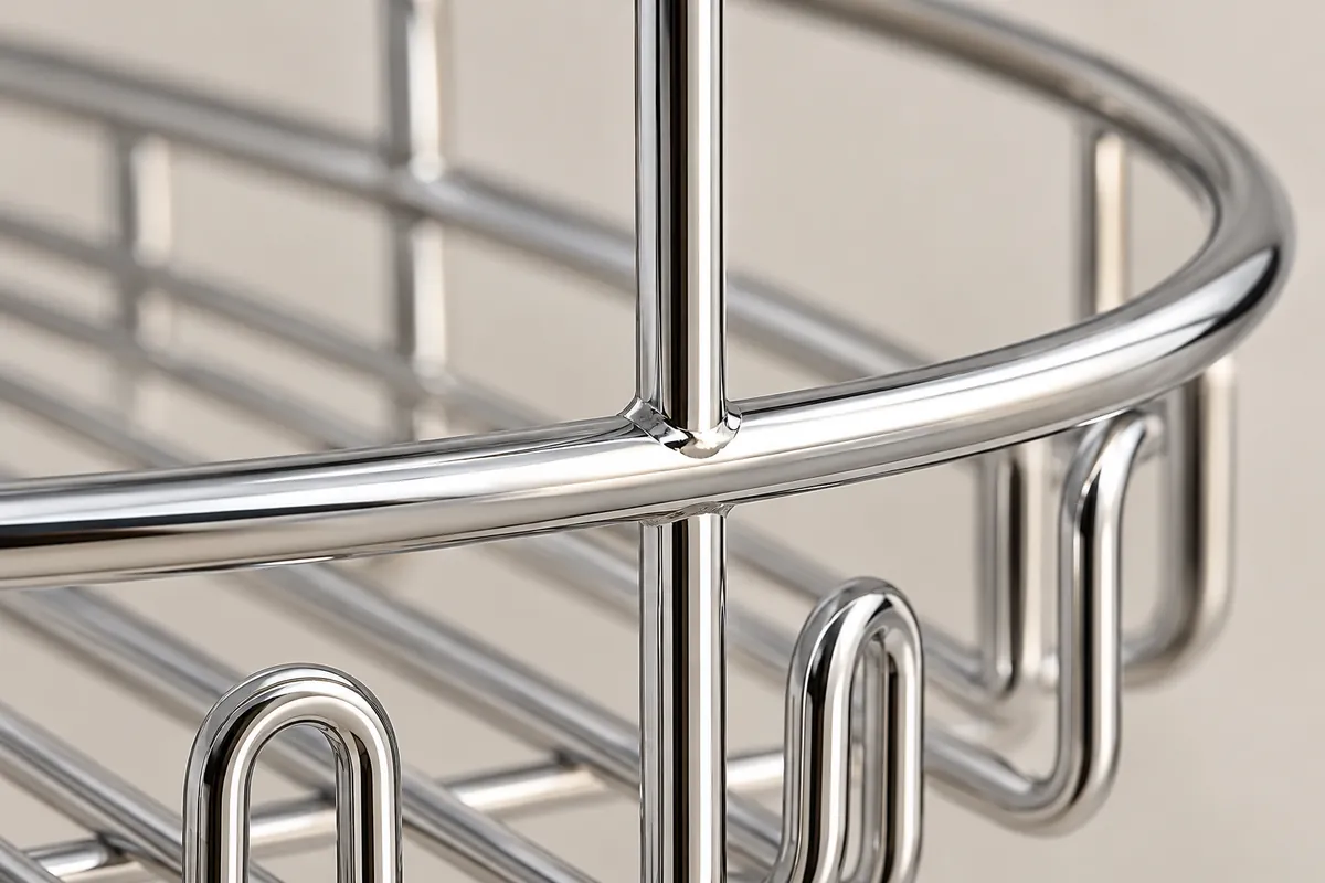 Close-up of a welded wire intersection on a metal bathroom basket for surface-condition review