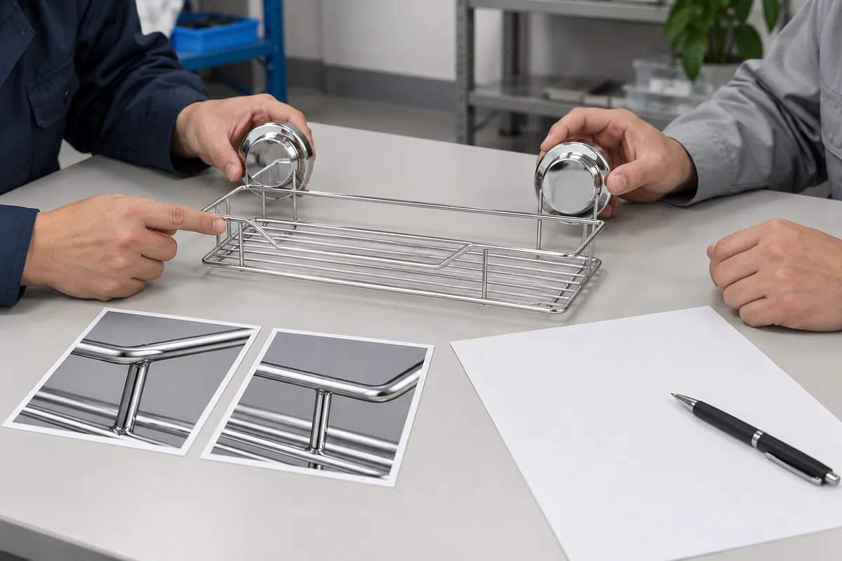 Buyer and supplier review a two-suction wire basket and joint photographs