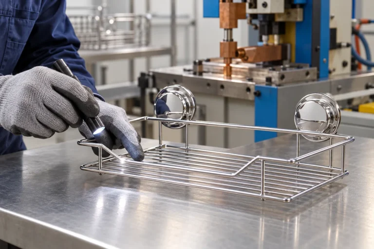 Two-suction chrome wire basket reviewed beside a compact resistance-welding station