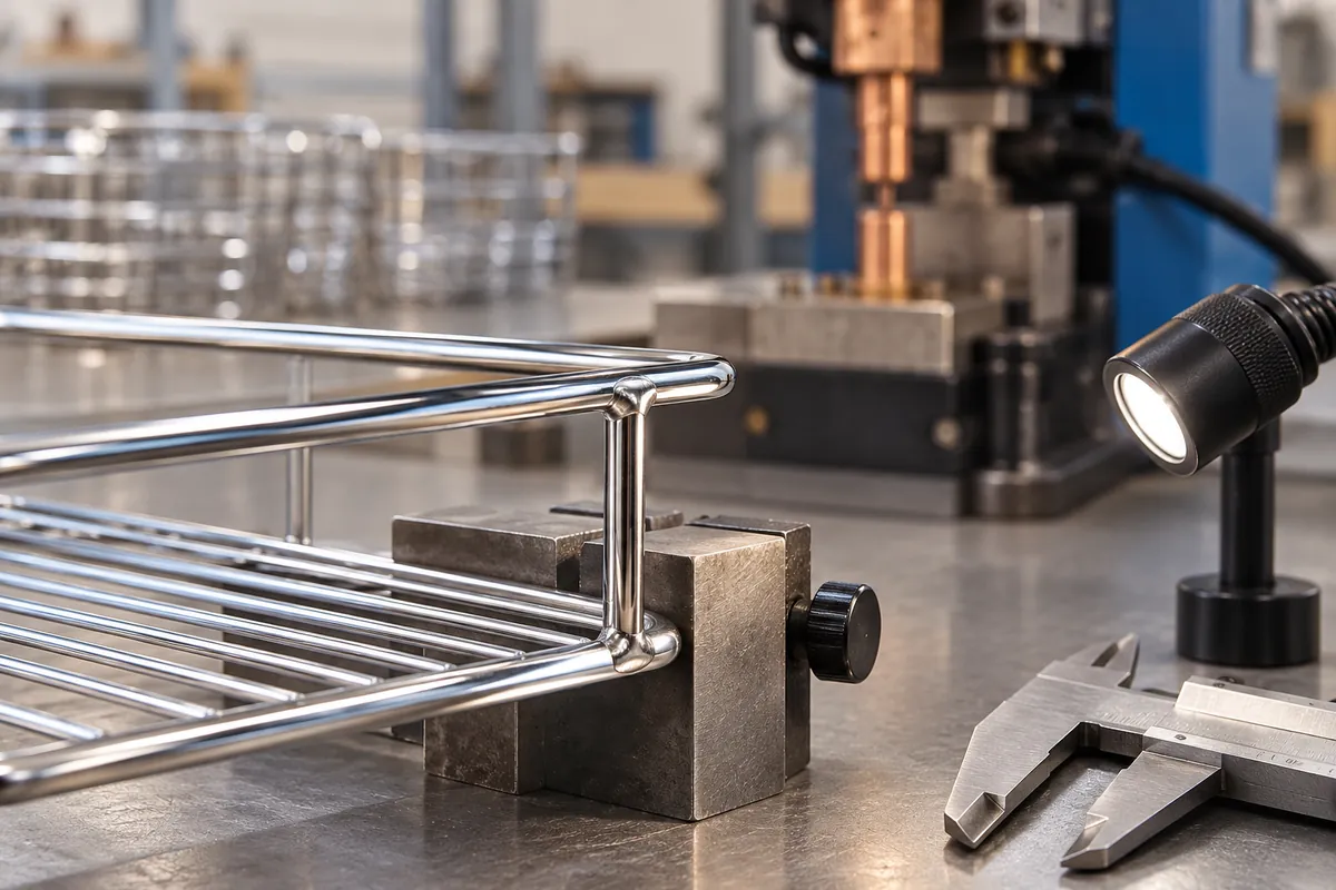 A technician reviews one resistance-welded crossing joint on a chrome wire basket