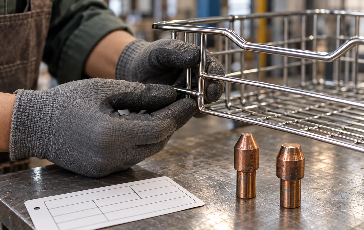 Technician comparing a wire basket weld sample and resistance-welding electrode tip condition