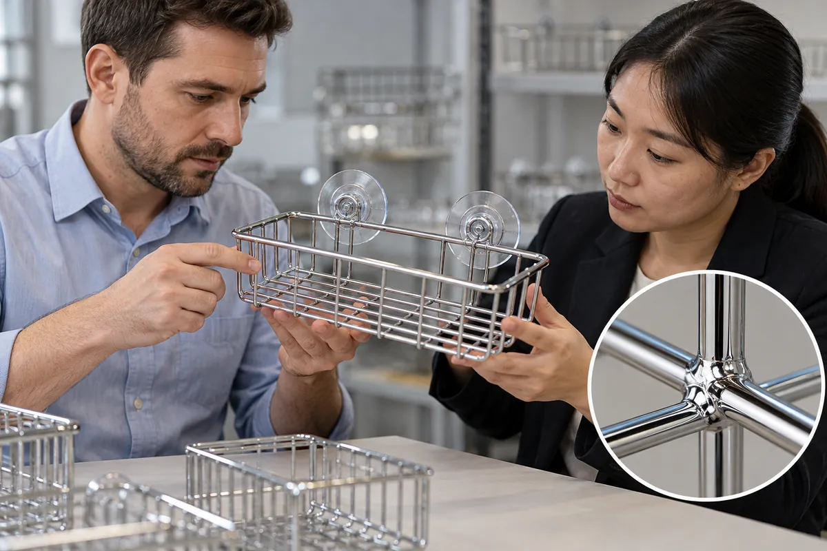 Buyer and supplier inspect a two-suction chrome wire basket and a sample weld junction