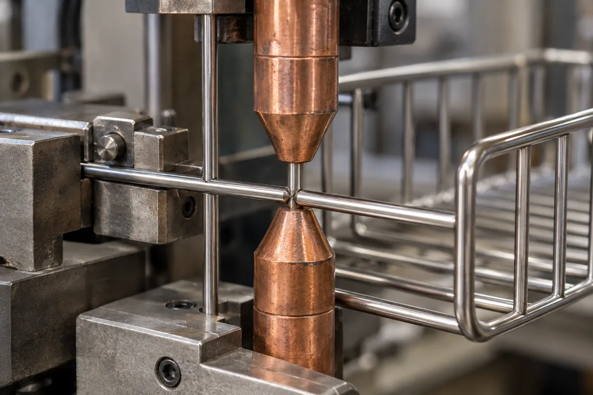 Opposing copper resistance-welding electrodes meet at a wire basket junction