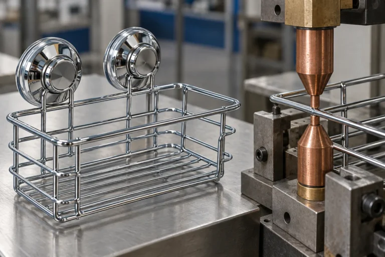 Chrome two-suction wire basket beside an opposing copper resistance welding fixture