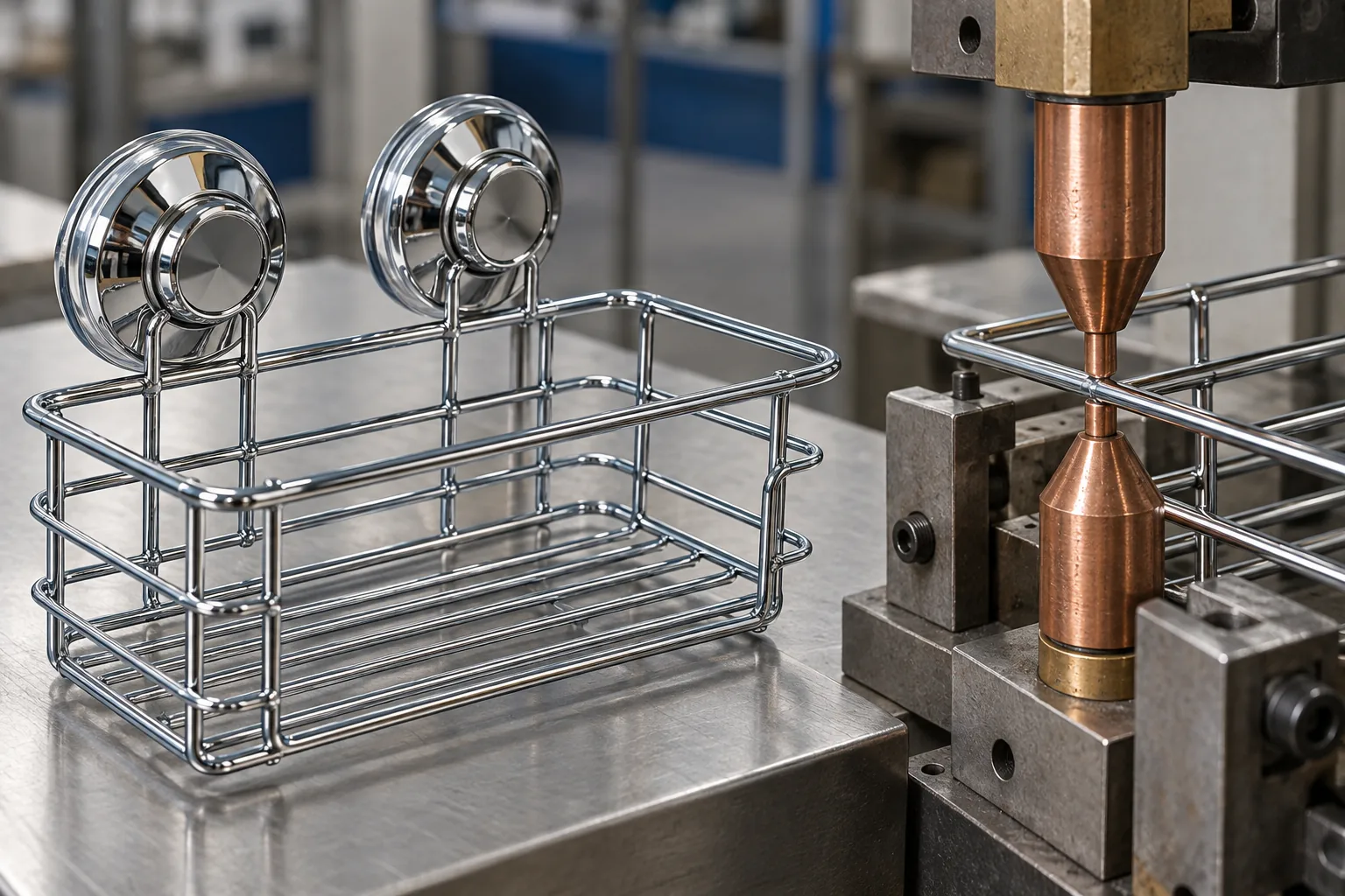 Chrome two-suction wire basket beside an opposing copper resistance welding fixture