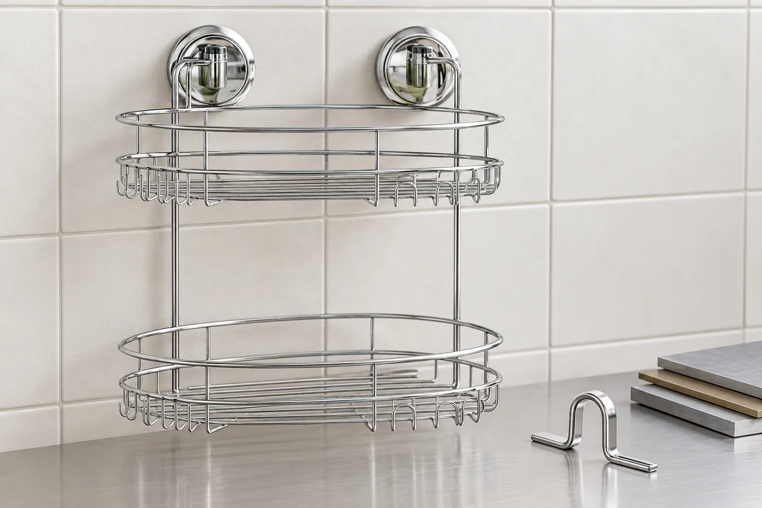 Two-suction wire bathroom basket with a formed mounting tab shown for sample review